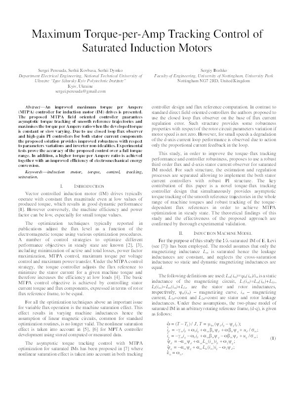 Maximum torque-per-amp tracking control of saturated induction motors Thumbnail