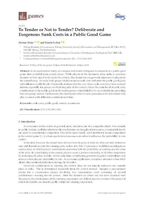 To tender or not to tender?: deliberate and exogenous sunk costs in a public good game Thumbnail