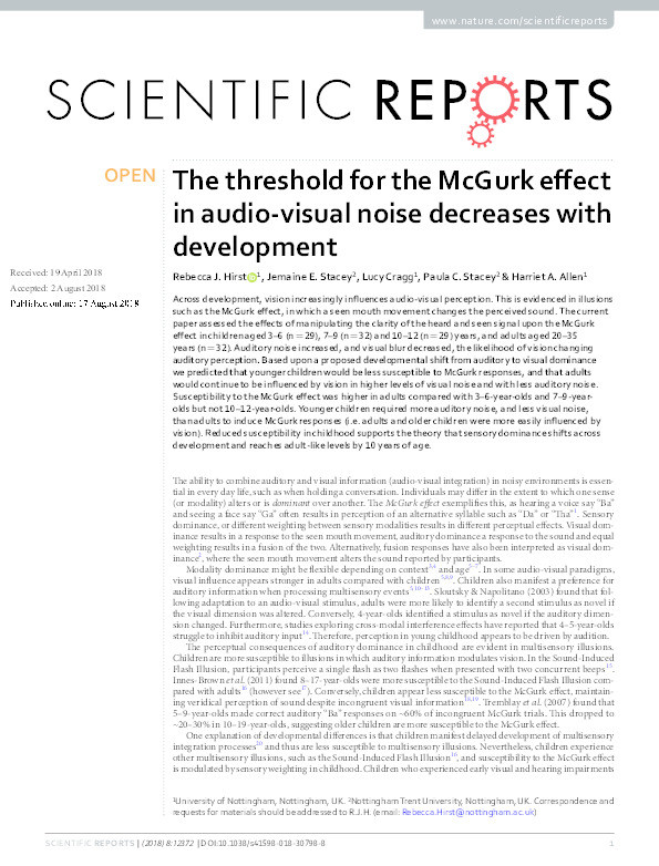The threshold for the McGurk effect in audio-visual noise decreases with development Thumbnail