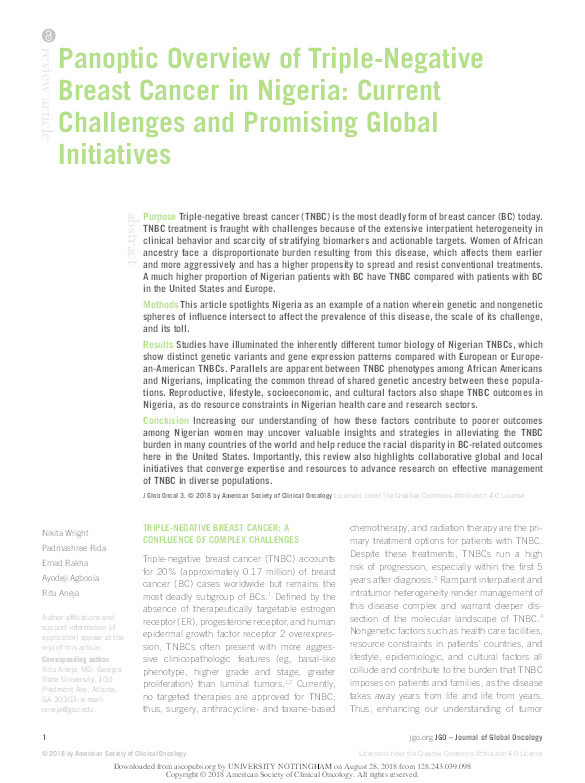 Panoptic overview of triple-negative breast cancer in Nigeria: current challenges and promising global initiatives Thumbnail