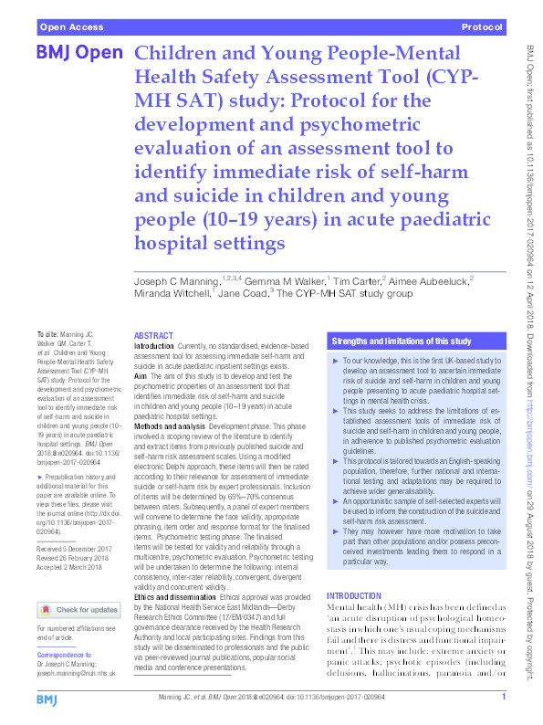 Children and Young People-Mental Health Safety Assessment Tool (CYP-MH SAT) study: Protocol for the development and psychometric evaluation of an assessment tool to identify immediate risk of self-harm and suicide in children and young people (10–19 years) in acute paediatric hospital settings Thumbnail