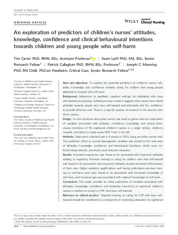An exploration of predictors of children's nurses’ attitudes, knowledge, confidence and clinical behavioural intentions towards children and young people who self-harm Thumbnail