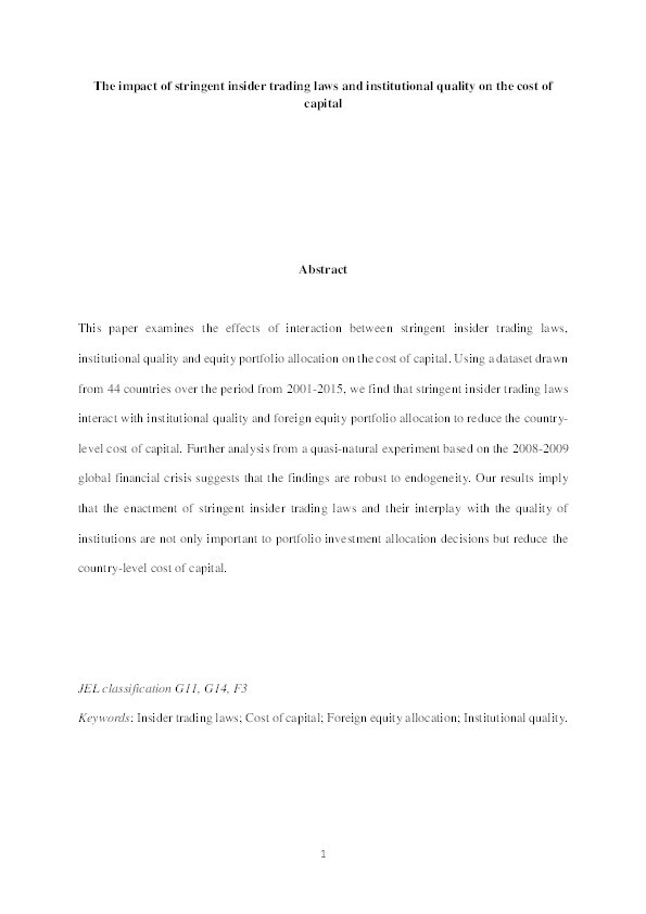 The impact of stringent insider trading laws and institutional quality on the cost of capital Thumbnail