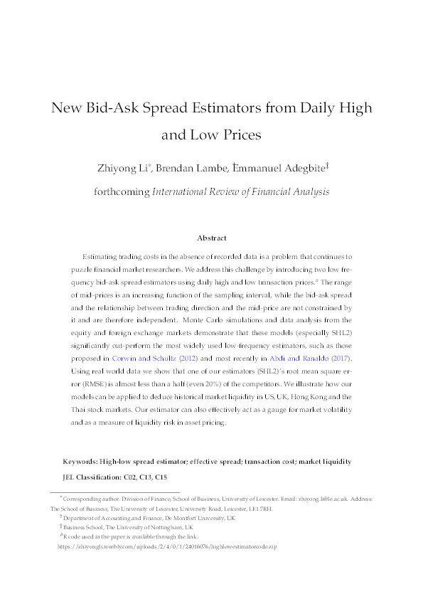 New bid-ask spread estimators from daily high and low prices Thumbnail