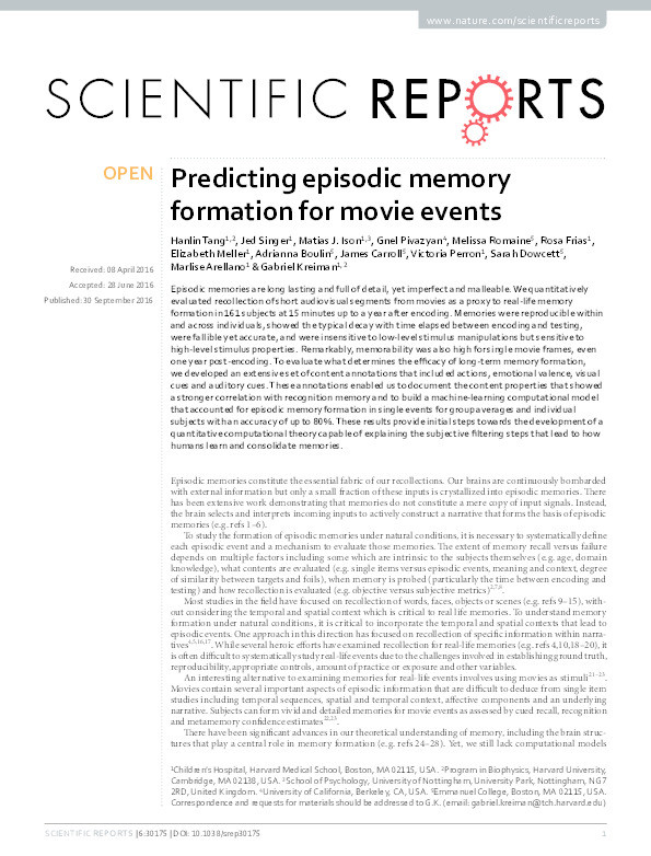Predicting episodic memory formation for movie events Thumbnail