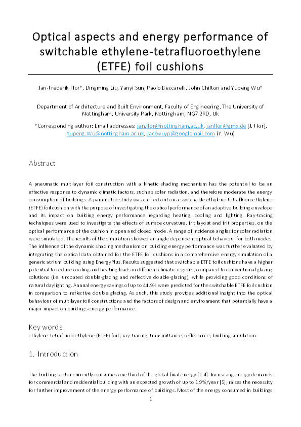 Optical aspects and energy performance of switchable ethylene-tetrafluoroethylene (ETFE) foil cushions Thumbnail