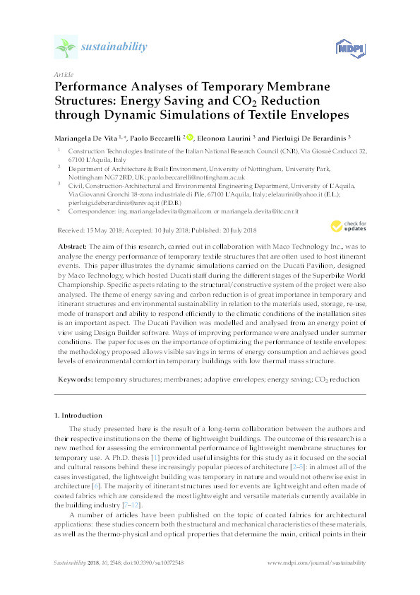 Performance analyses of temporary membrane structures: energy saving and CO2 reduction through dynamic simulations of textile envelopes Thumbnail