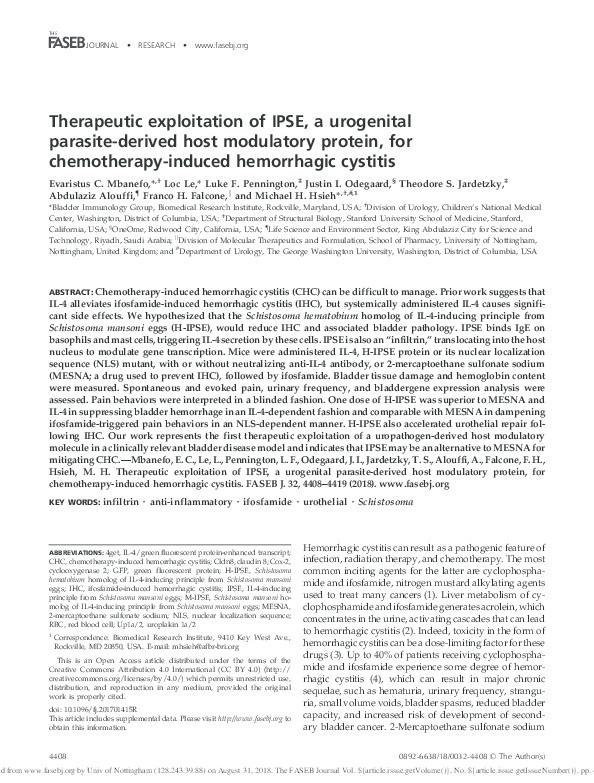 Therapeutic exploitation of IPSE, a urogenital parasite-derived host modulatory protein, for chemotherapy-induced hemorrhagic cystitis Thumbnail