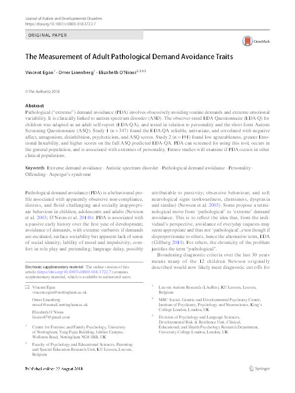 The measurement of adult pathological demand avoidance traits Thumbnail