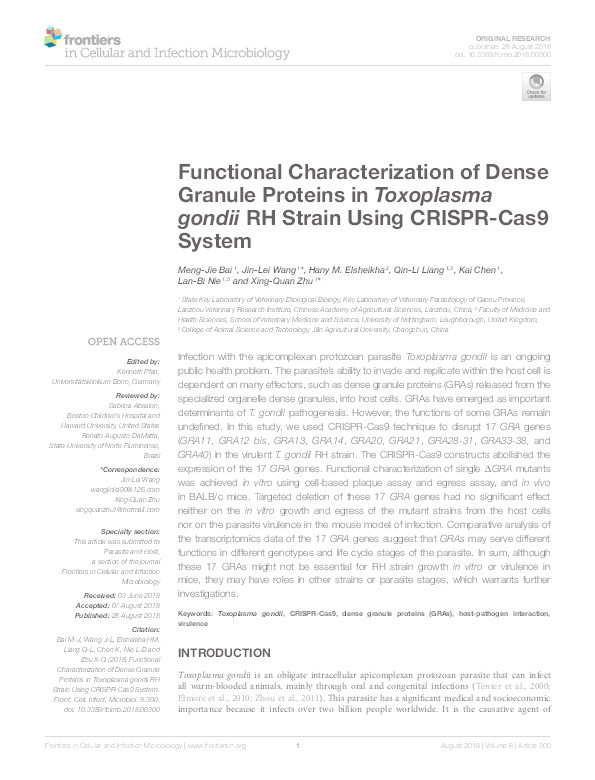 Functional characterization of dense granule proteins in Toxoplasma gondii RH strain using CRISPR-Cas9 system Thumbnail