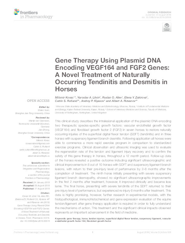 Gene therapy using plasmid DNA encoding VEGF164 and FGF2 genes: a novel treatment of naturally occurring tendinitis and desmitis in horses Thumbnail