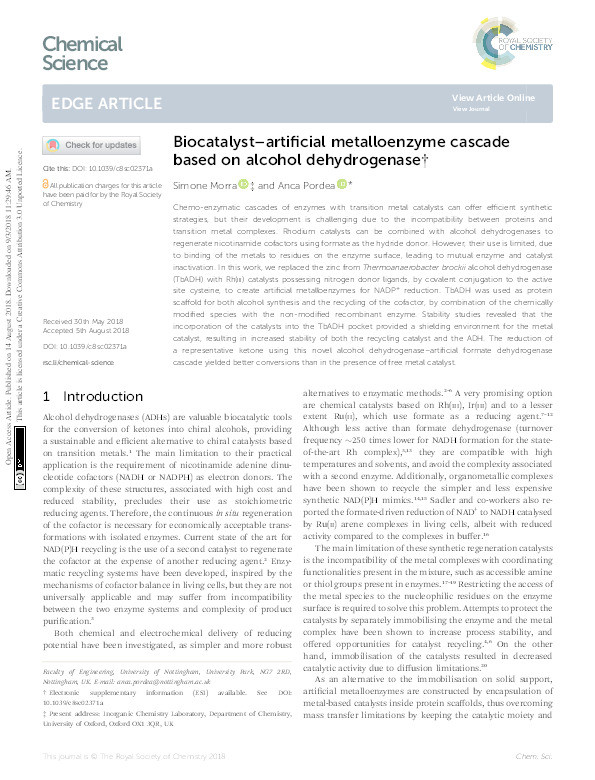 Biocatalyst-artificial metalloenzyme cascade based on alcohol dehydrogenase Thumbnail