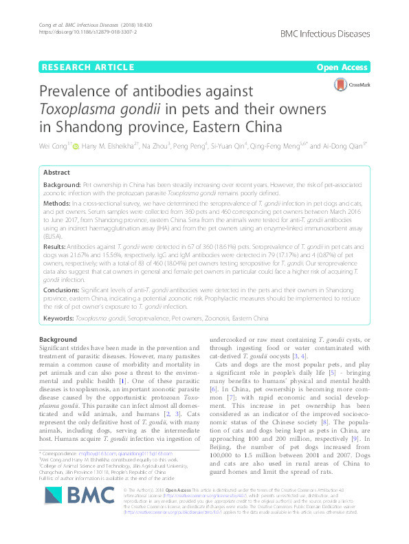 Prevalence of antibodies against Toxoplasma gondii in pets and their owners in Shandong province, Eastern China Thumbnail