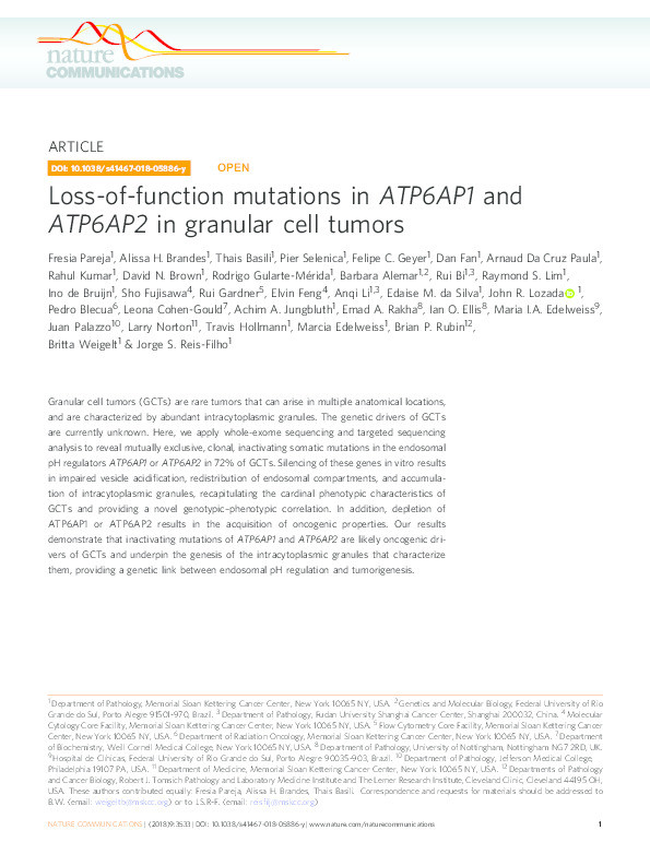 Loss-of-function mutations in ATP6AP1 and ATP6AP2 in granular cell tumors Thumbnail