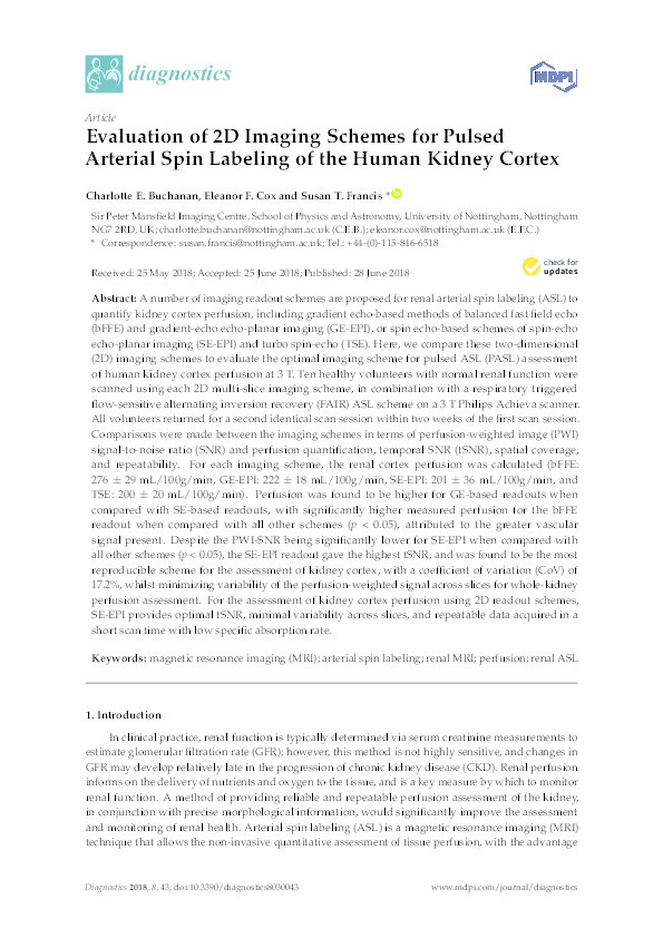 Evaluation of 2D Imaging Schemes for Pulsed Arterial Spin Labeling of the Human Kidney Cortex Thumbnail