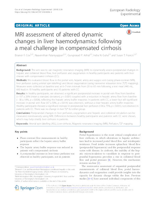MRI assessment of altered dynamic changes in liver haemodynamics following a meal challenge in compensated cirrhosis Thumbnail