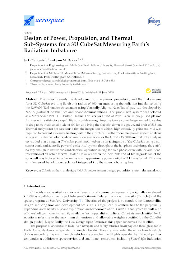 Design of power, propulsion, and thermal sub-systems for a 3U CubeSat measuring Earth’s radiation imbalance Thumbnail