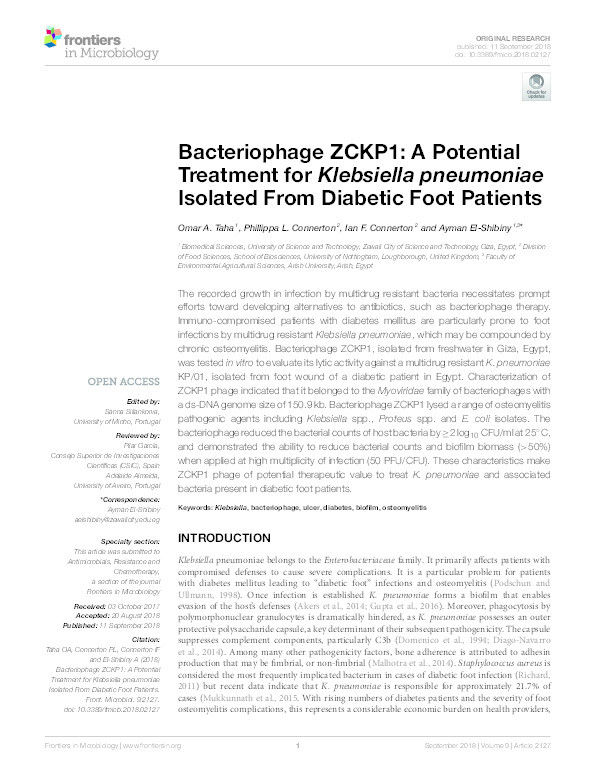 Bacteriophage ZCKP1: a potential treatment for Klebsiella pneumoniae isolated from diabetic foot patients Thumbnail