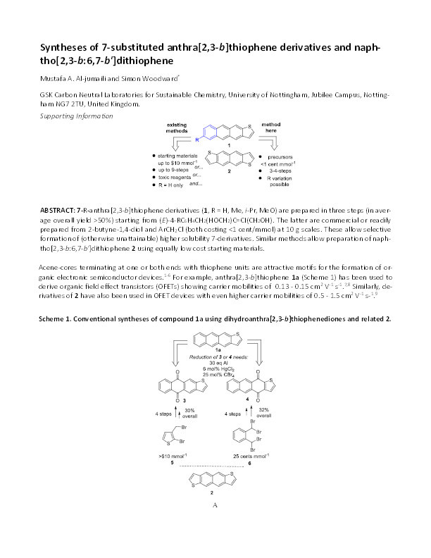 Syntheses of 7-substituted anthra[2,3-b]thiophene derivatives and naphtho[2,3-b:6,7-b’]dithiophene Thumbnail