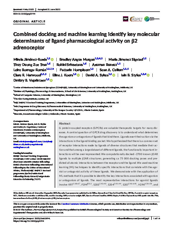 Combined docking and machine learning identify key molecular determinants of ligand pharmacological activity on β2 adrenoceptor Thumbnail