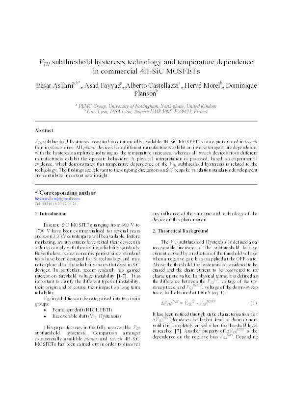 VTH subthreshold hysteresis technology and temperature dependence in commercial 4H-SiC MOSFETs Thumbnail