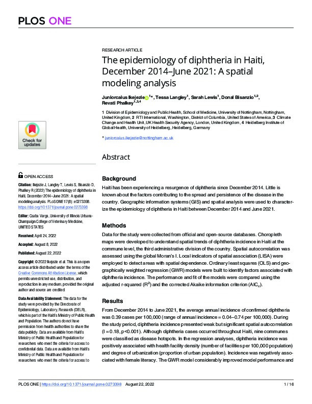 The epidemiology of diphtheria in Haiti, December 2014-June 2021: A spatial modeling analysis Thumbnail