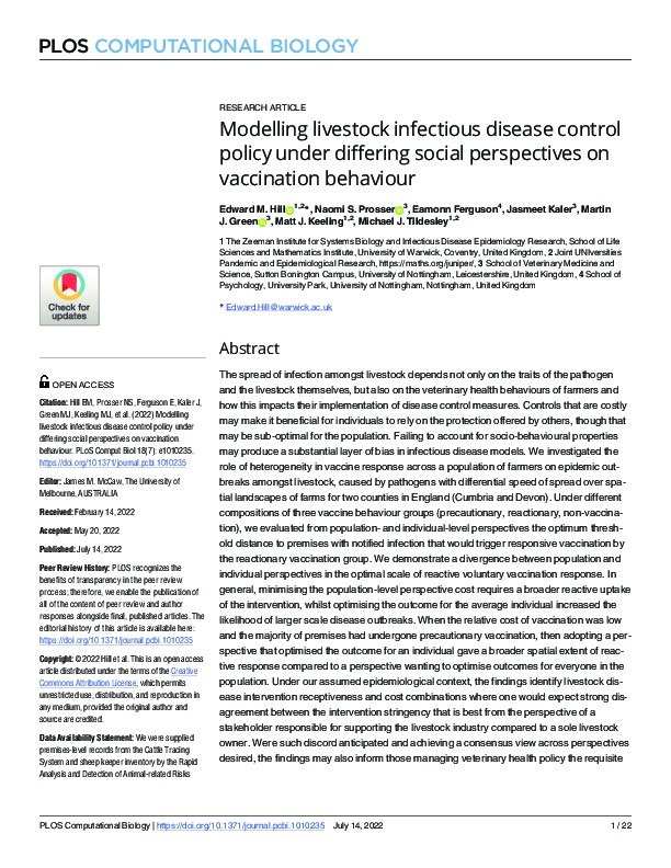 Modelling livestock infectious disease control policy under differing social perspectives on vaccination behaviour. Thumbnail