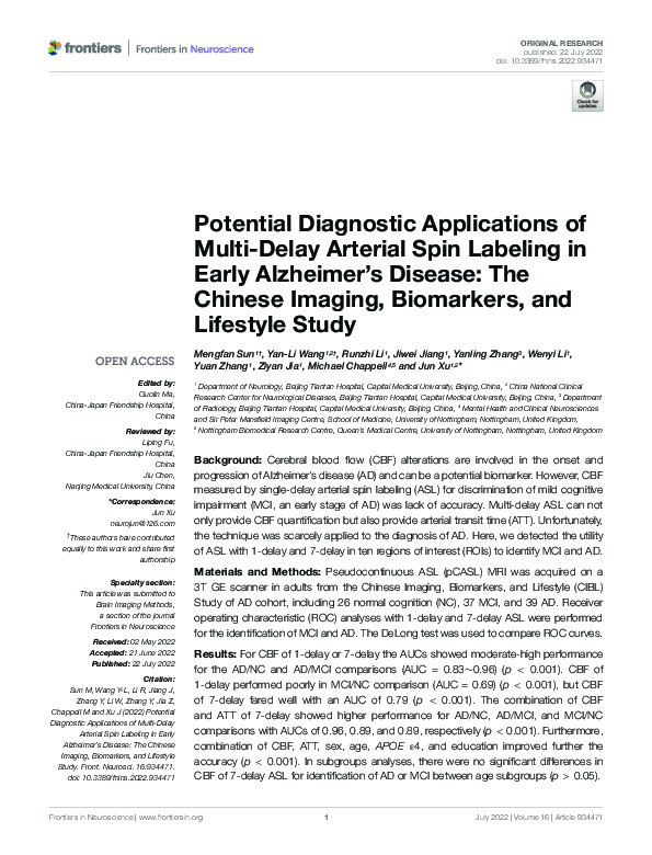 Potential Diagnostic Applications of Multi-Delay Arterial Spin Labeling in Early Alzheimer’s Disease: The Chinese Imaging, Biomarkers, and Lifestyle Study Thumbnail