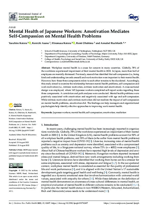 Mental Health of Japanese Workers: Amotivation Mediates Self-Compassion on Mental Health Problems Thumbnail