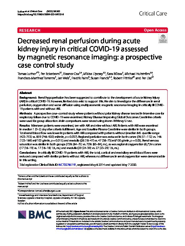Decreased renal perfusion during acute kidney injury in critical COVID-19 assessed by magnetic resonance imaging: a prospective case control study Thumbnail