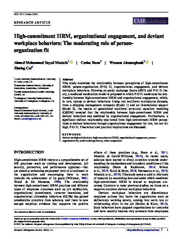 High-commitment HRM, organizational engagement, and deviant workplace behaviors: The moderating role of person-organization fit Thumbnail