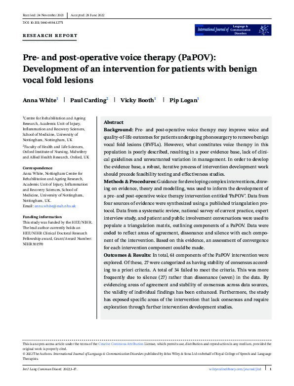 Pre- and post-operative voice therapy (PaPOV): Development of an intervention for patients with benign vocal fold lesions Thumbnail