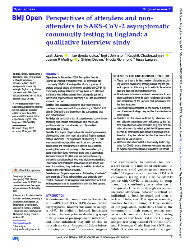 Perspectives of attenders and non-attenders to SARS-CoV-2 asymptomatic community testing in England: a qualitative interview study Thumbnail
