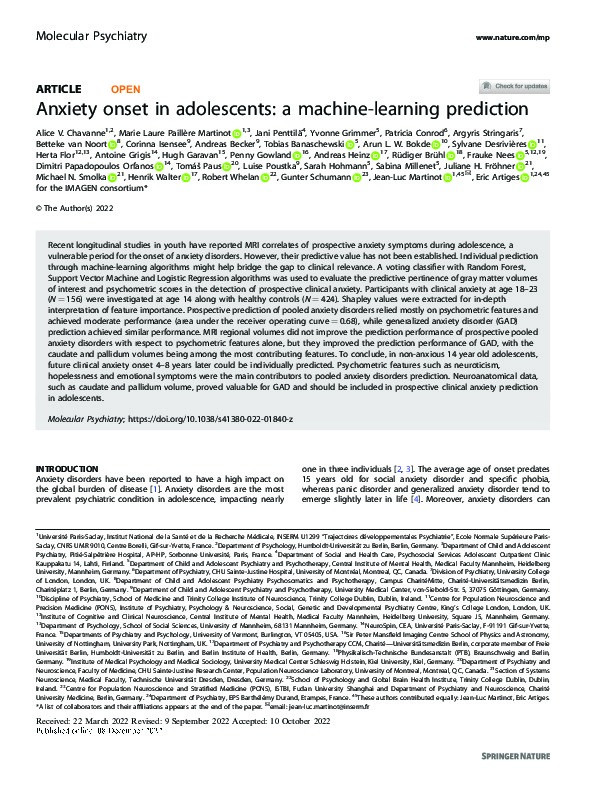 Anxiety onset in adolescents: a machine-learning prediction Thumbnail