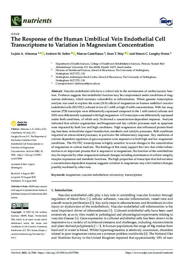 The Response of the Human Umbilical Vein Endothelial Cell Transcriptome to Variation in Magnesium Concentration Thumbnail