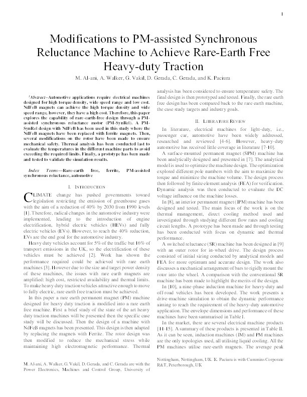 Modifications to PM-assisted Synchronous Reluctance Machine to Achieve Rare-Earth Free Heavy-duty Traction Thumbnail