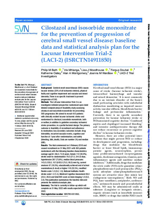 Cilostazol and isosorbide mononitrate for the prevention of progression of cerebral small vessel disease: baseline data and statistical analysis plan for the Lacunar Intervention Trial-2 (LACI-2) (ISRCTN14911850) Thumbnail