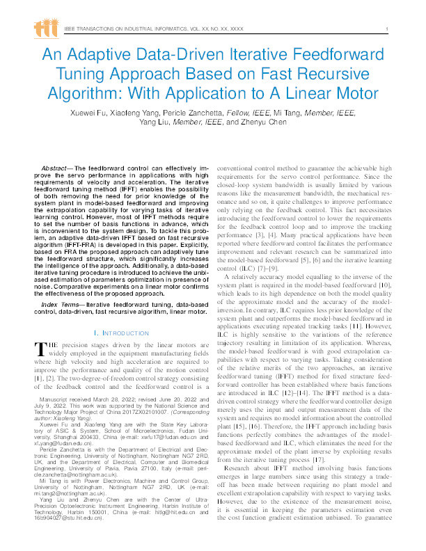 An Adaptive Data-Driven Iterative Feedforward Tuning Approach Based on Fast Recursive Algorithm: With Application to A Linear Motor Thumbnail