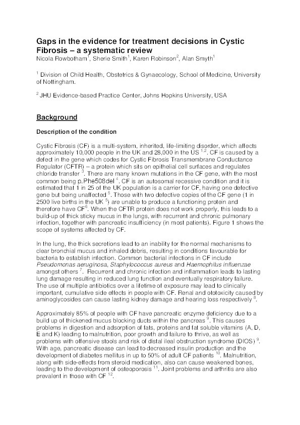 Gaps in the evidence for treatment decisions in cystic fibrosis: a systematic review Thumbnail