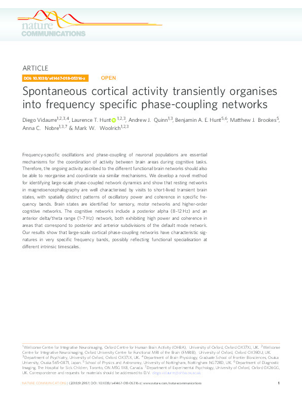 Spontaneous cortical activity transiently organises into frequency specific phase-coupling networks Thumbnail