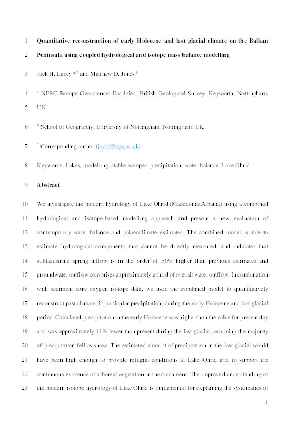 Quantitative reconstruction of early Holocene ad last glacial climate on the Balkan Peninsula using coupled hydrlogical and isotope mass balance modelling Thumbnail