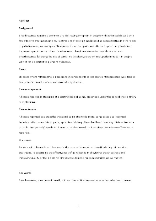 Use of mirtazapine in patients with chronic breathlessness: a case series Thumbnail