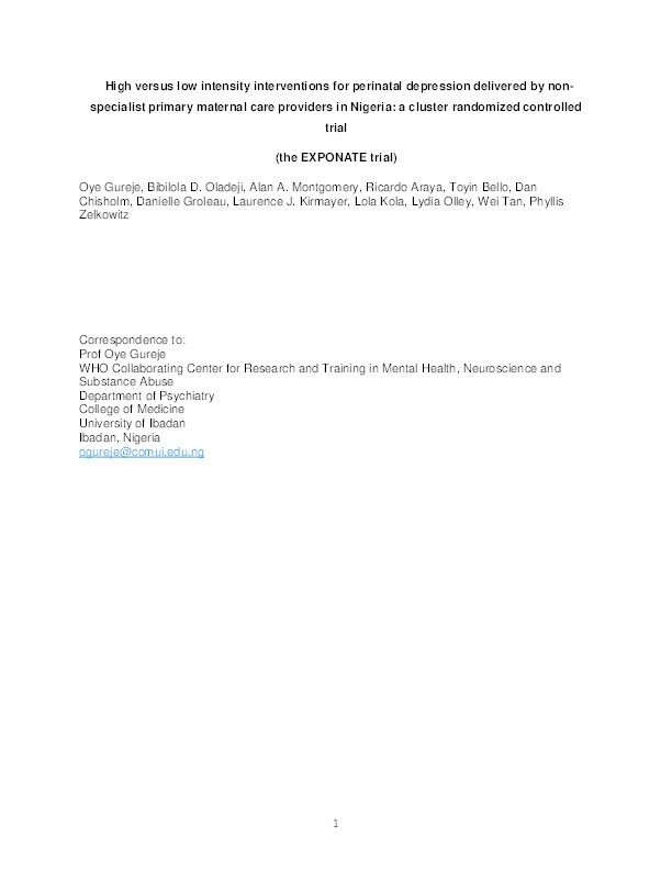 High- versus low-intensity interventions for perinatal depression delivered by non-specialist primary maternal care providers in Nigeria: cluster randomised controlled trial (the EXPONATE trial) Thumbnail