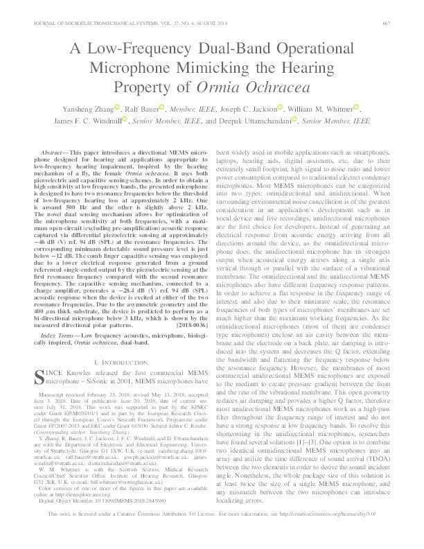 A low-frequency dual-band operational microphone mimicking the hearing property of Ormia Ochracea Thumbnail