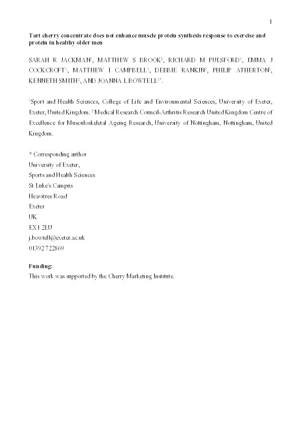 Tart cherry concentrate does not enhance muscle protein synthesis response to exercise and protein in healthy older men Thumbnail