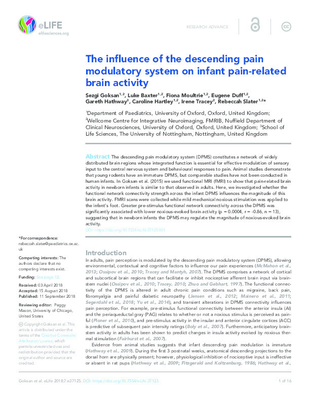 The influence of the descending pain modulatory system on infant pain-related brain activity Thumbnail