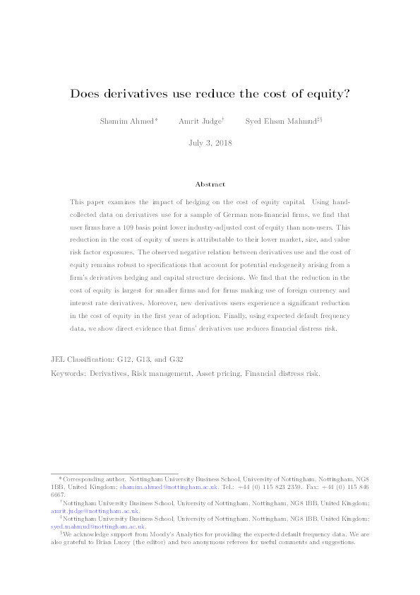 Does derivatives use reduce the cost of equity? Thumbnail