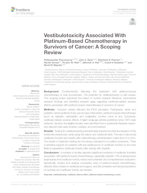 Vestibulotoxicity associated with platinum-based chemotherapy in survivors of cancer: a scoping review Thumbnail