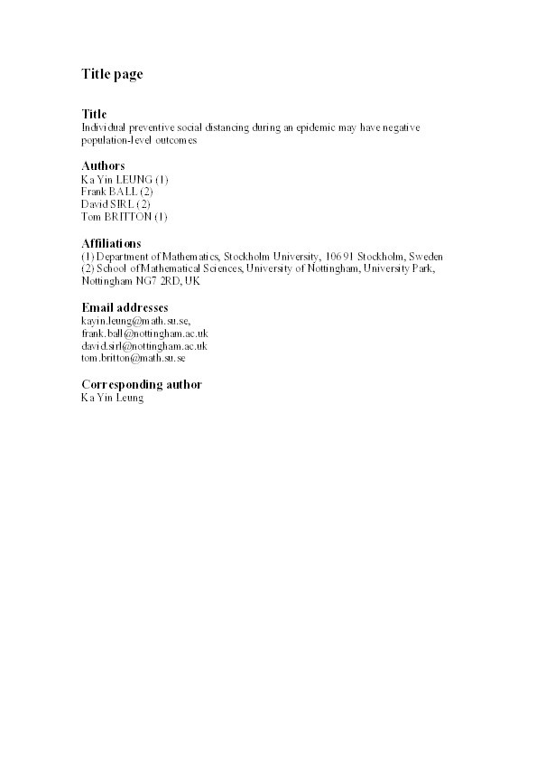 Individual preventive social distancing during an epidemic may have negative population-level outcomes Thumbnail