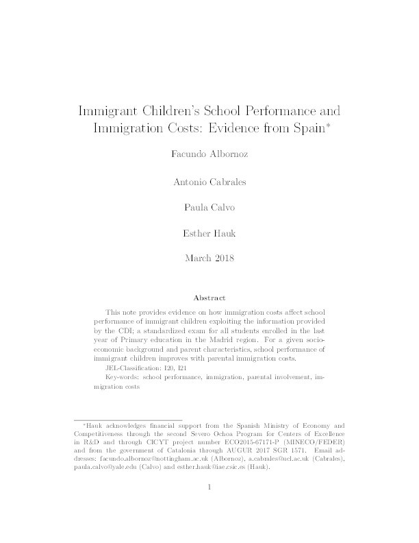Immigrant children’s school performance and immigration costs: evidence from Spain Thumbnail